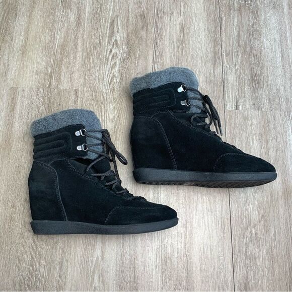 Nine West Growler Black Leather Suede Fur Wedge Boots - Picture 3 of 7